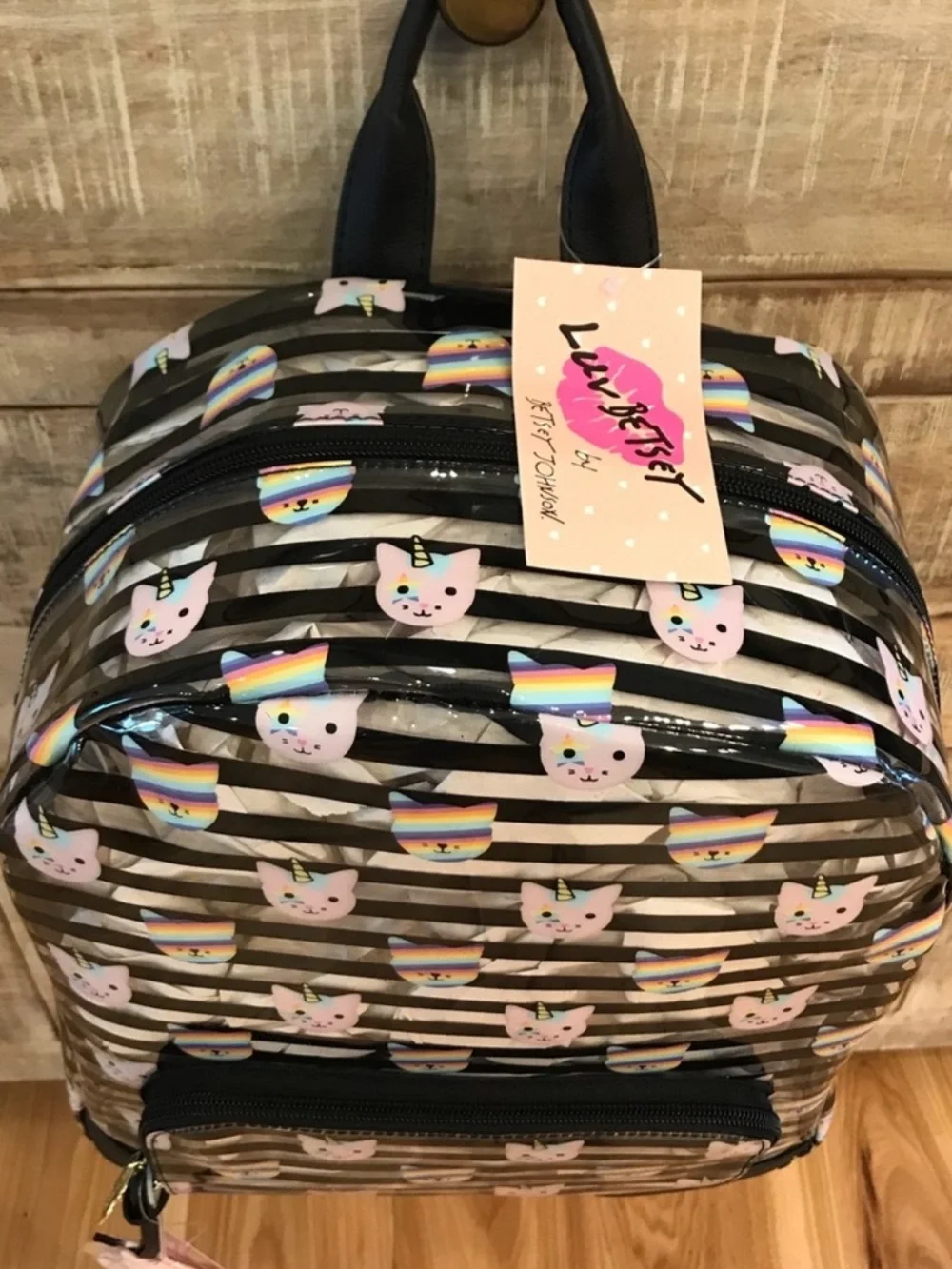 BETSEY JOHNSON Clear Striped Rainbow Unicorn Kitty Cat Backpack